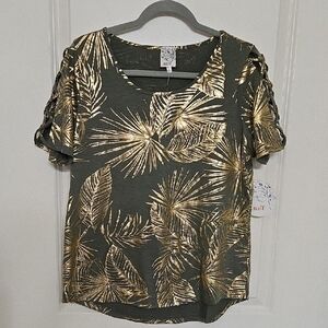 NAIF Olive and Gold Leaf Print Short Sleeve Tee